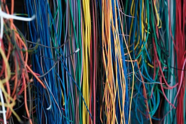 A bundle of coloured electrical cables
