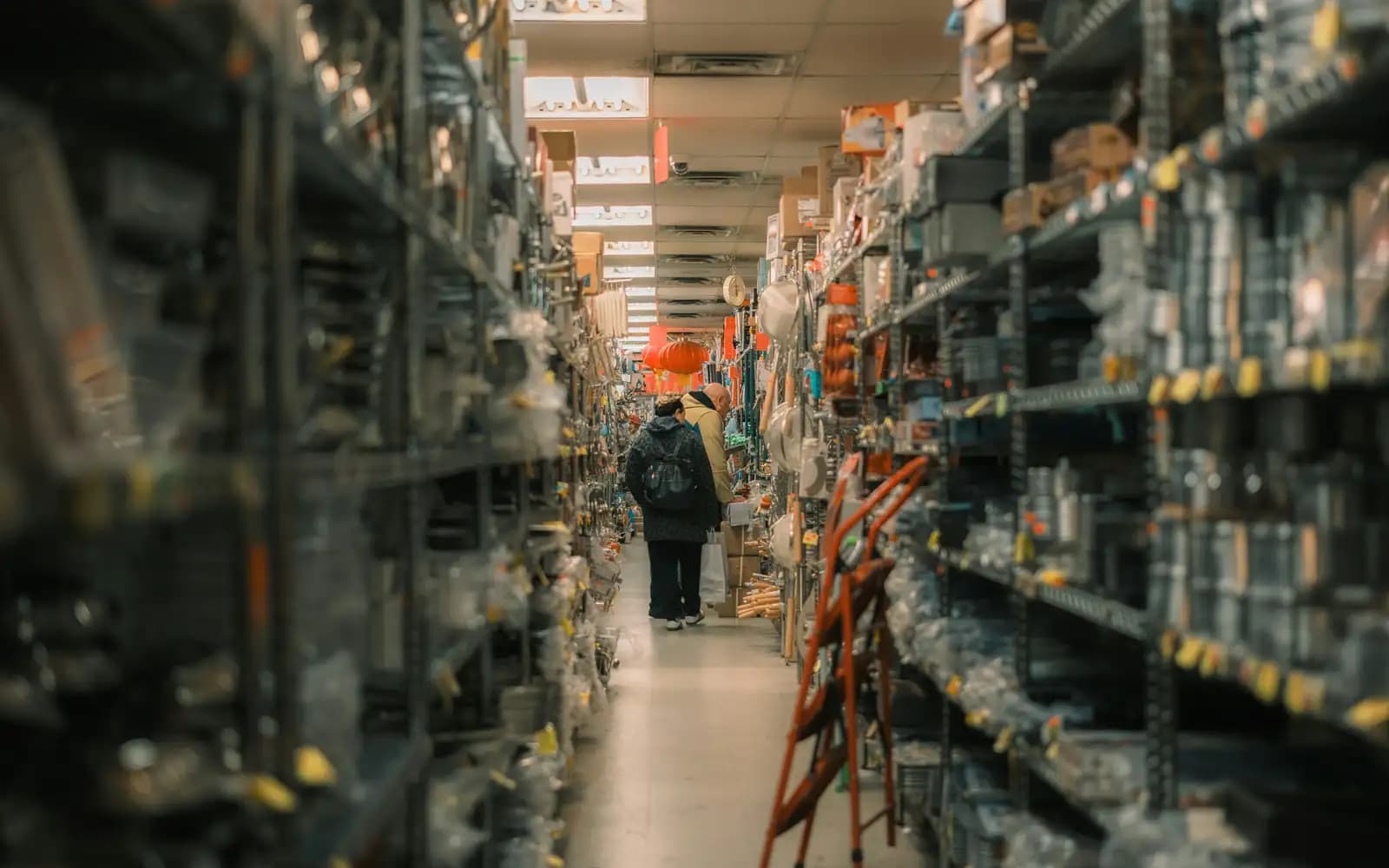 Stocked shelving in a building supplies warehouse